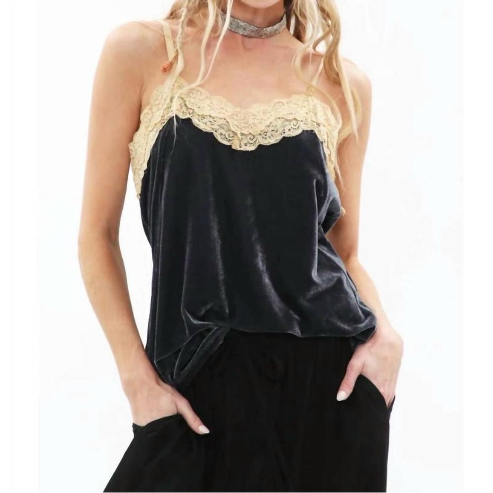 NWT Aratta Velvet Dreams Cami Dark Navy Blue Velvet Lace Beaded Boho Tank Medium